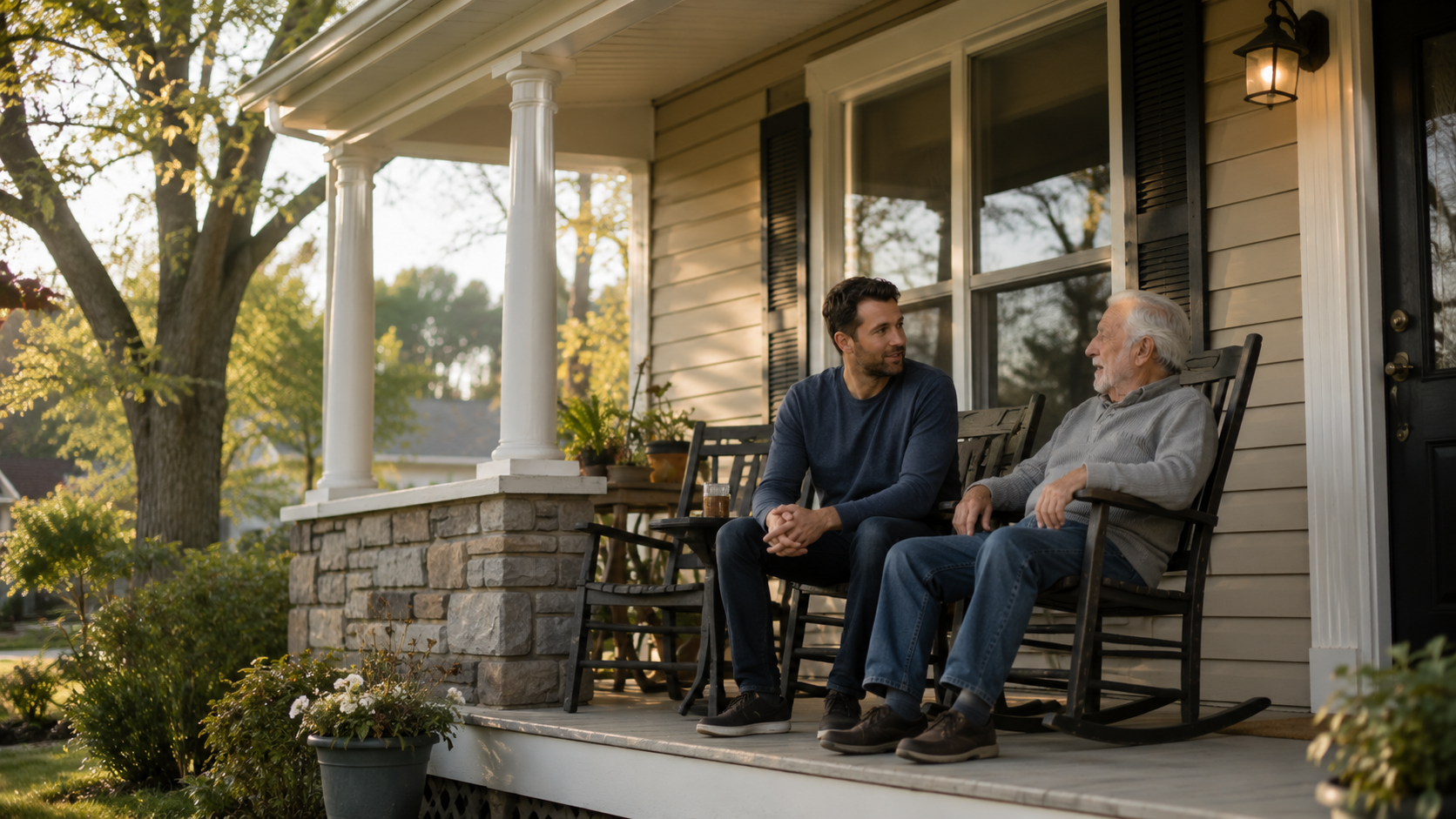 Adult son having a calm conversation with his elderly father on a porch