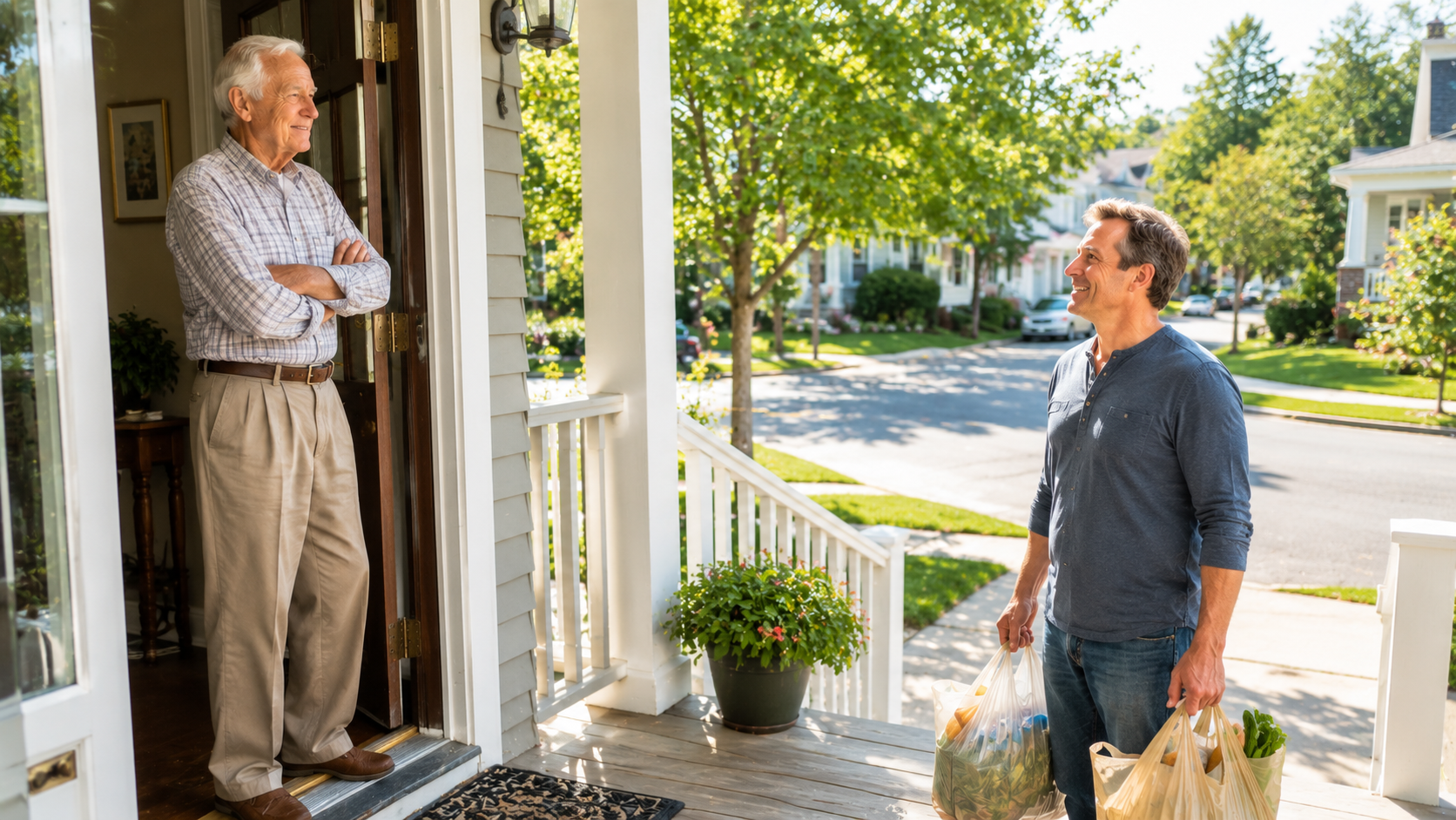 Adult son bringing groceries to his elderly father's front porch