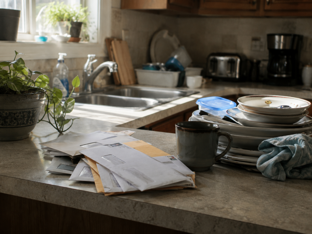 A cluttered kitchen counter with unopened mail, a common sign an aging parent may need help.