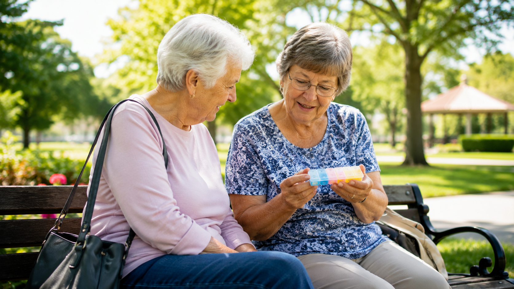 Two elderly friends discussing a pill organizer on a park bench