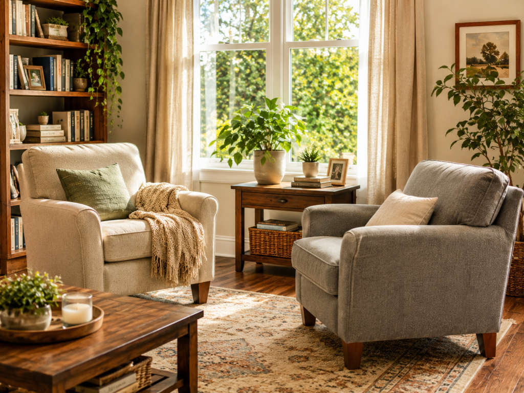 A quiet, comfortable living room setting suited for a calm family conversation