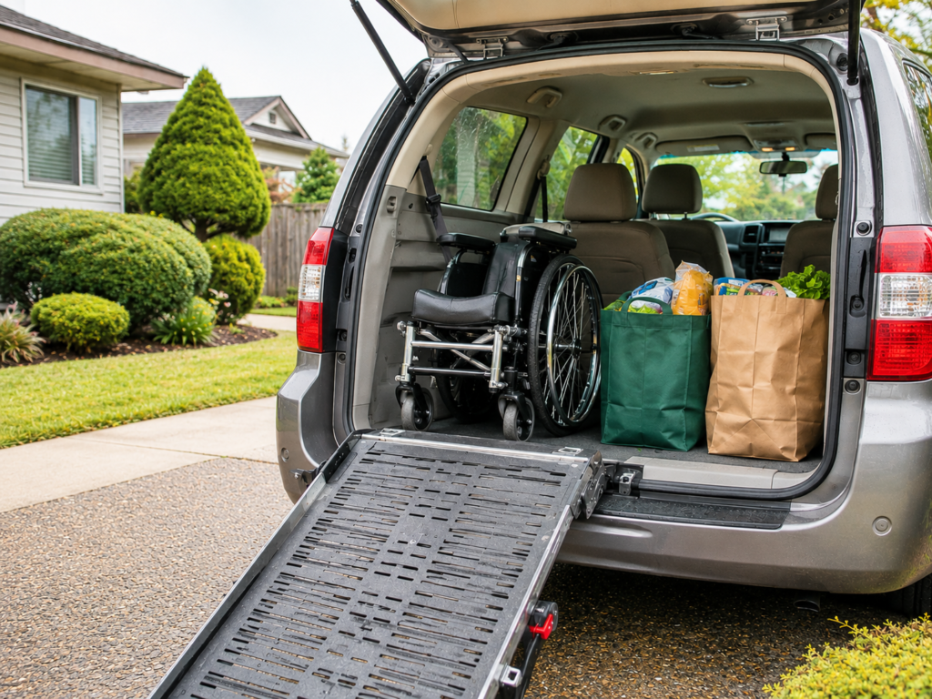A car trunk with groceries and mobility equipment, representing small everyday support