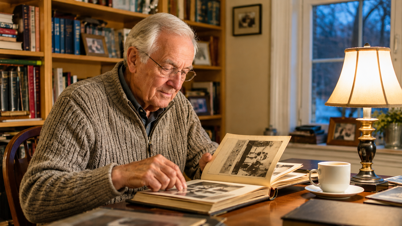 An elderly man looking through a photo album in a quiet study in the evening