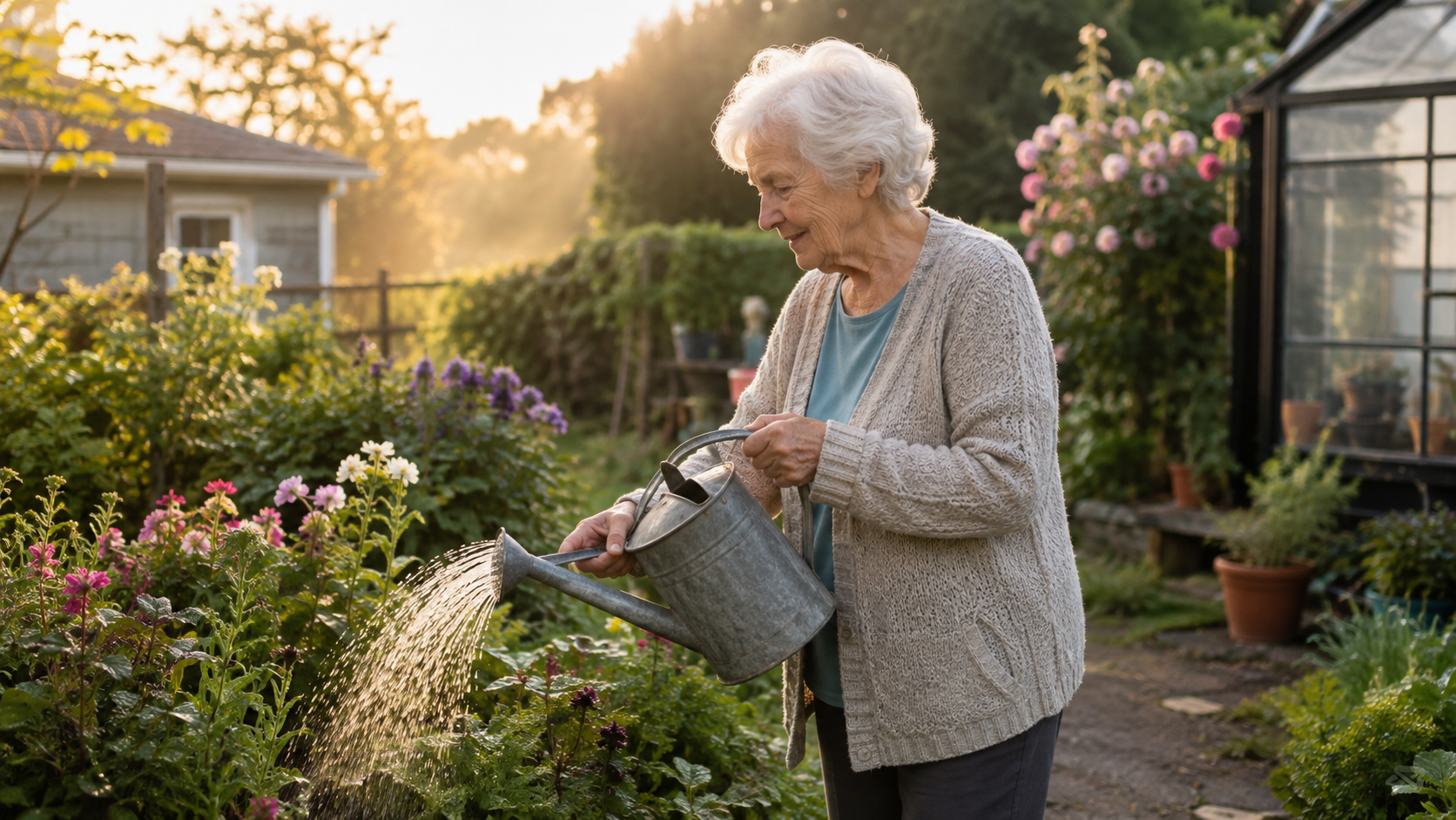 An elderly woman watering plants in her garden in the early morning