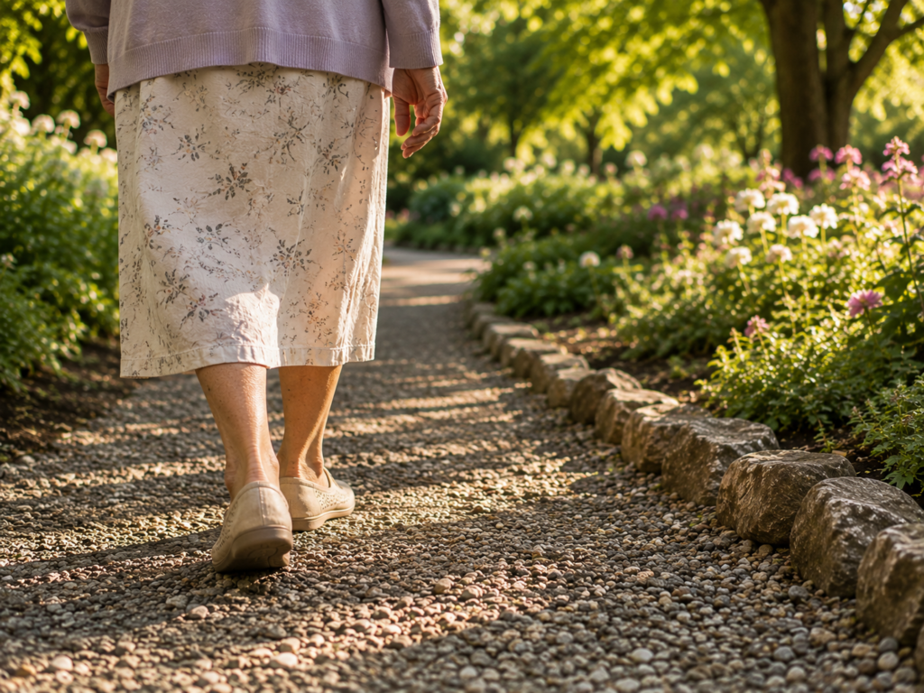 Alt text: A close-up of feet walking slowly along a gravel garden path