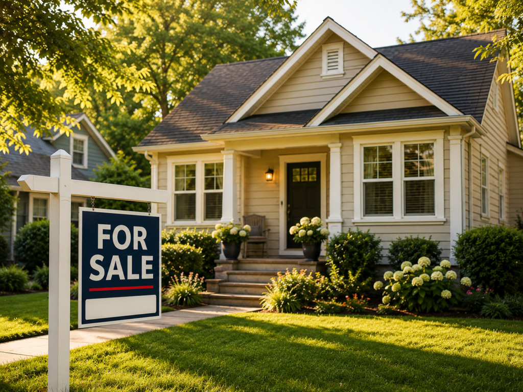 A house with a for-sale sign in the front yard
