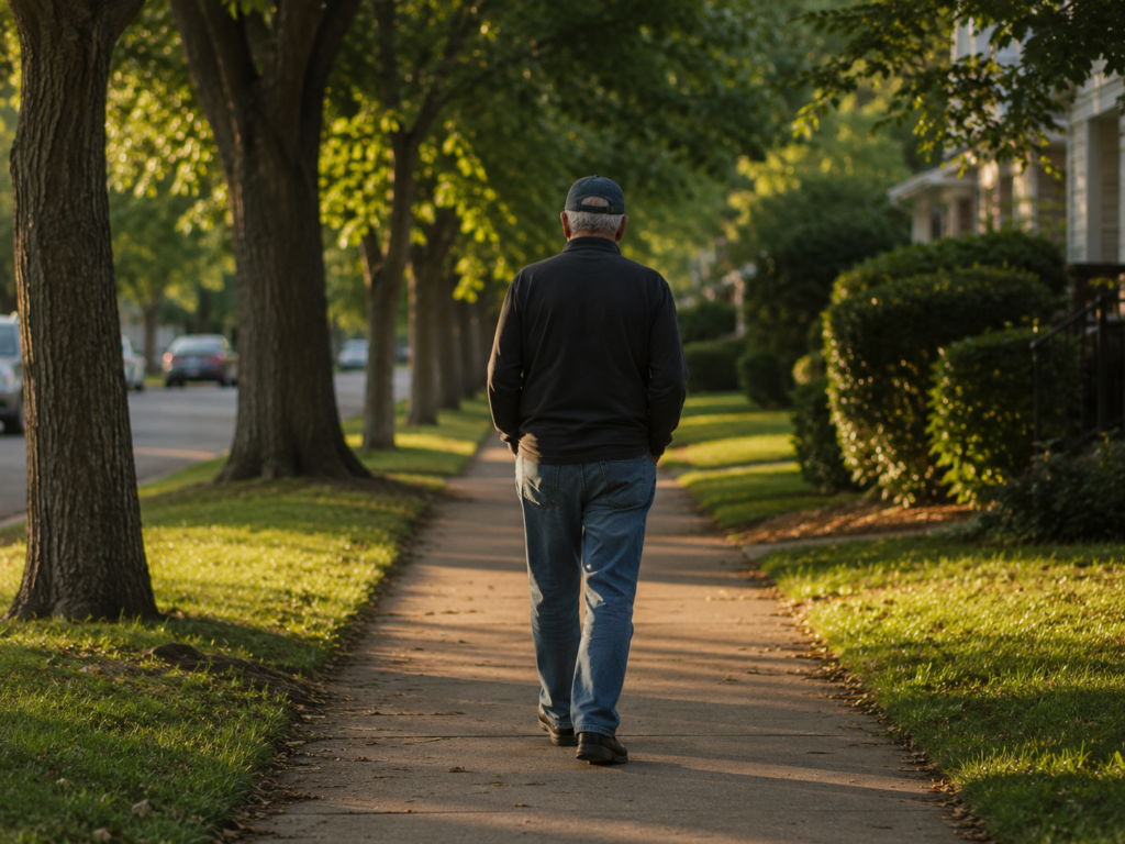 An elderly man taking a walk along a quiet neighborhood sidewalk