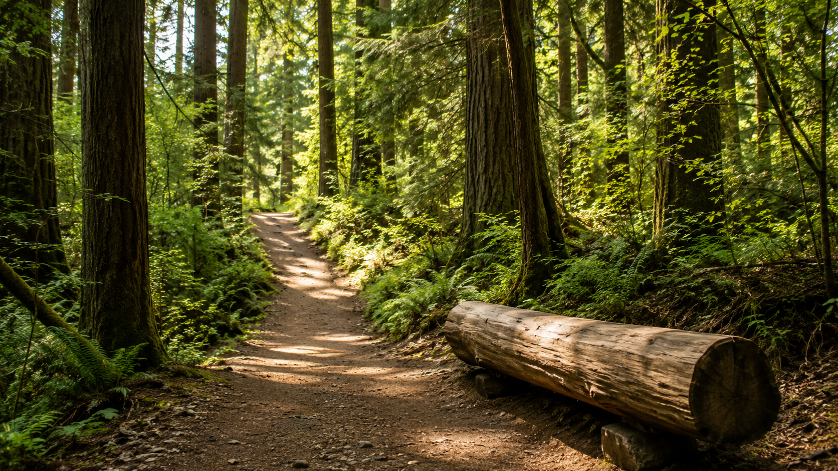 A quiet forest path with dappled sunlight and a natural bench
