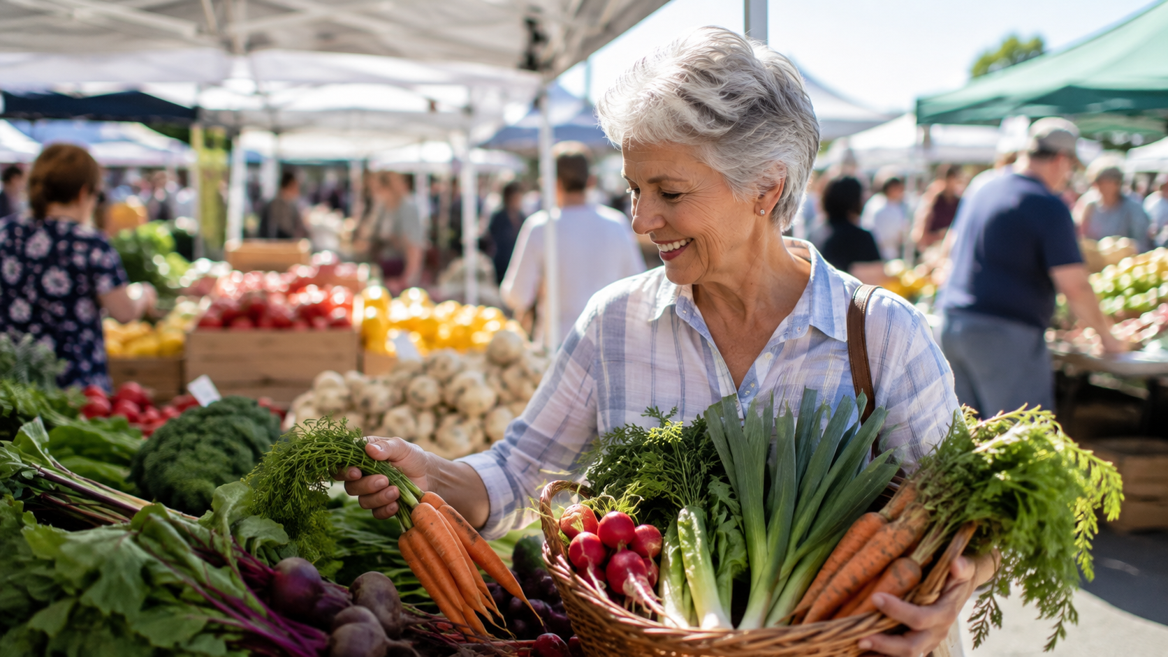 An elderly woman selecting fresh vegetables at an outdoor farmers market