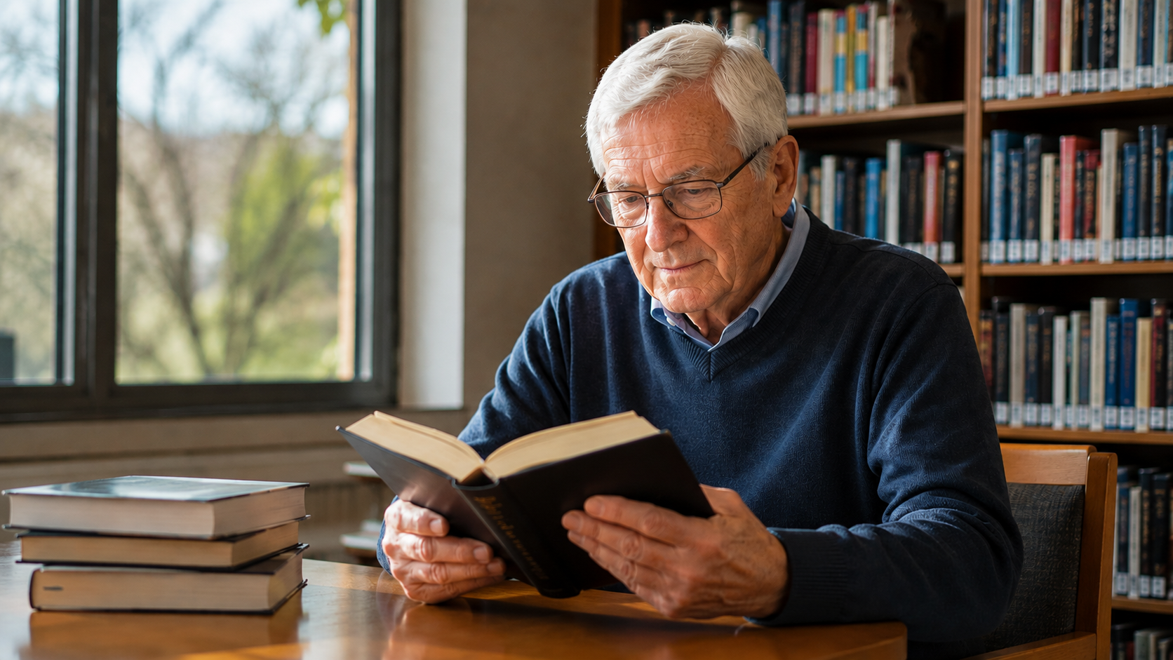 An elderly man reading at a library table in soft daylight