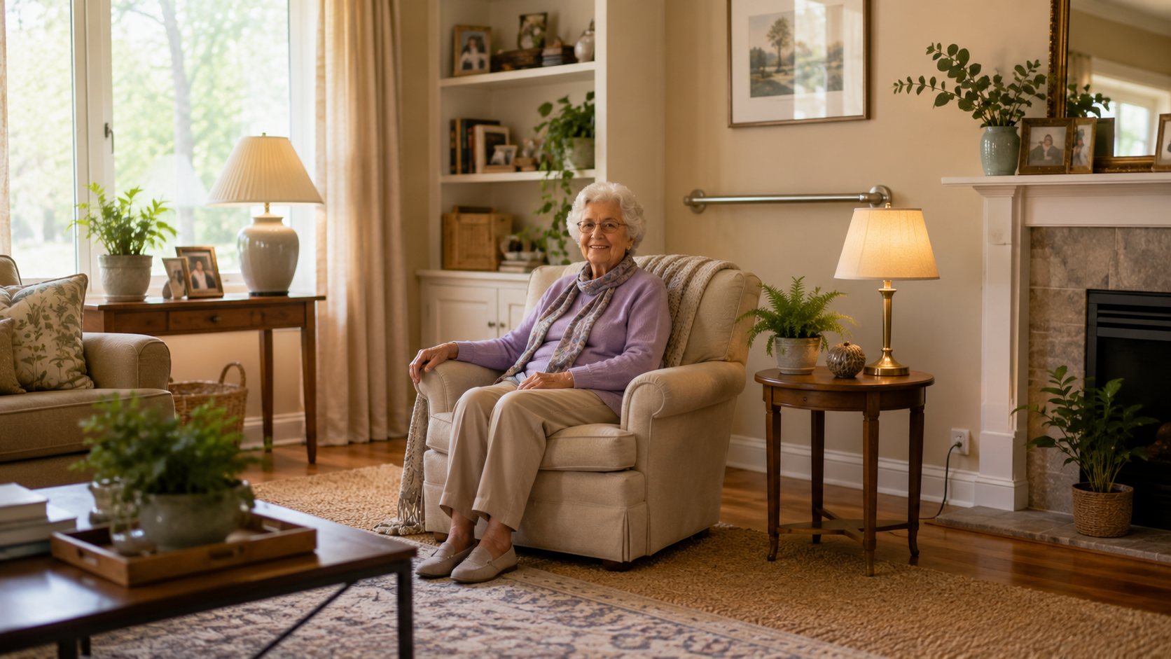 An elderly woman sitting comfortably in a warm, safely adapted living room