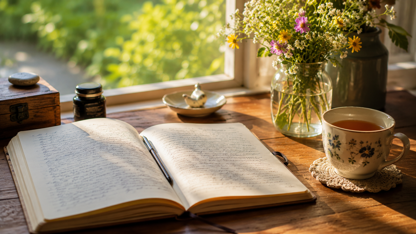 An open journal beside tea and fresh flowers on a wooden table