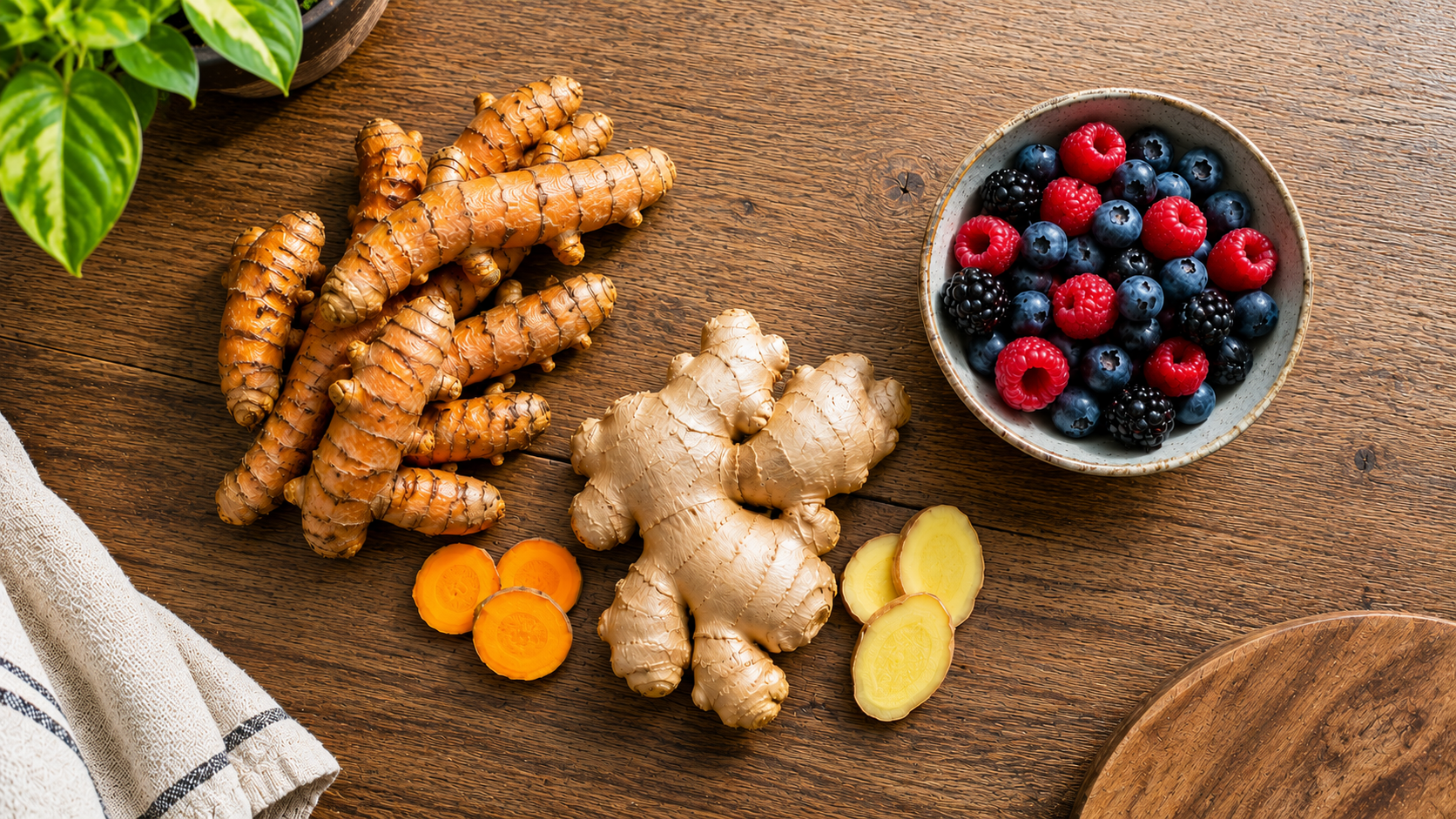 Fresh turmeric root, ginger, and berries arranged on a table