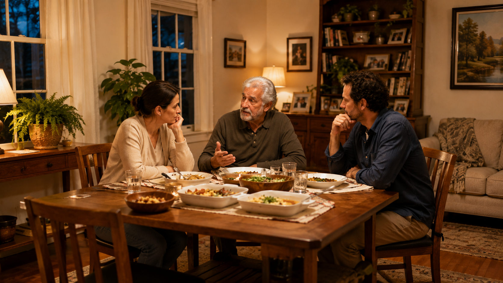 An elderly man sitting between his two adult children during a family conversation