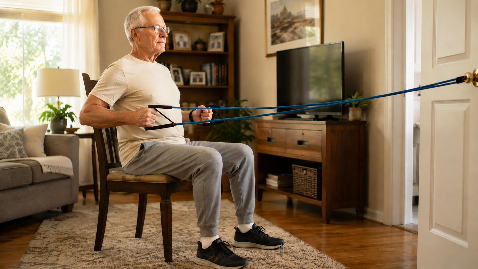 An elderly man performing a resistance band row exercise at home