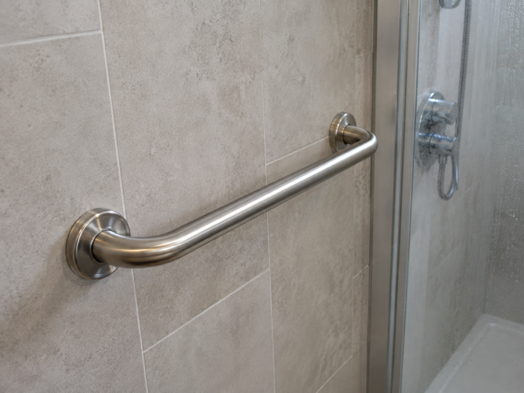A grab bar installed in a bathroom shower for added safety