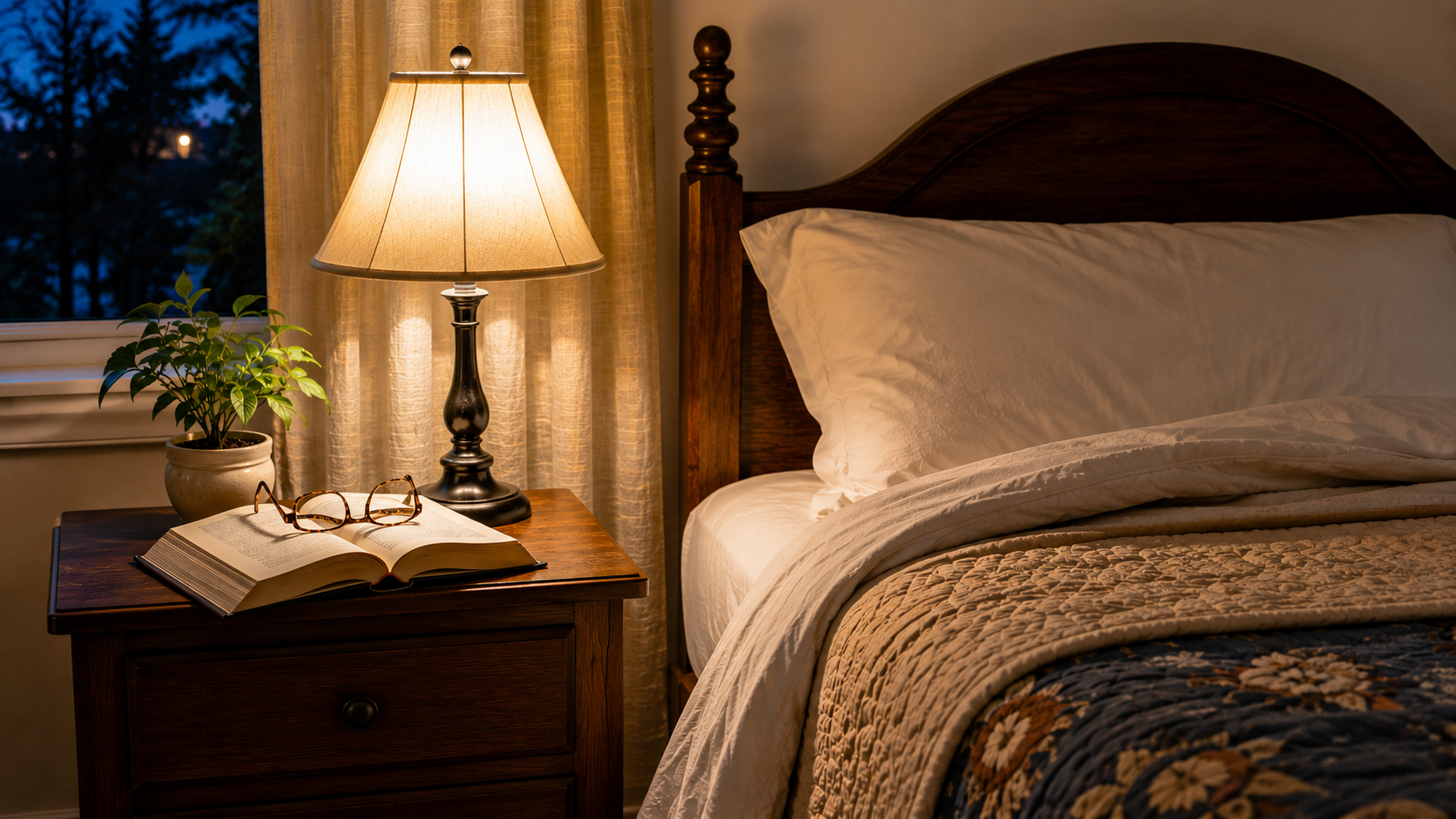 A cozy bedroom at night with a bedside lamp, book, and turned-down blankets