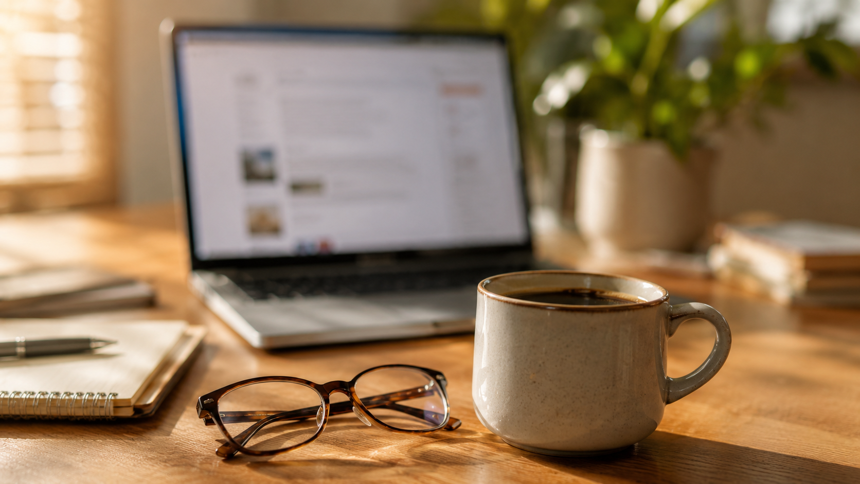 A blurry computer screen in the background with sharply focused coffee and glasses in the foreground