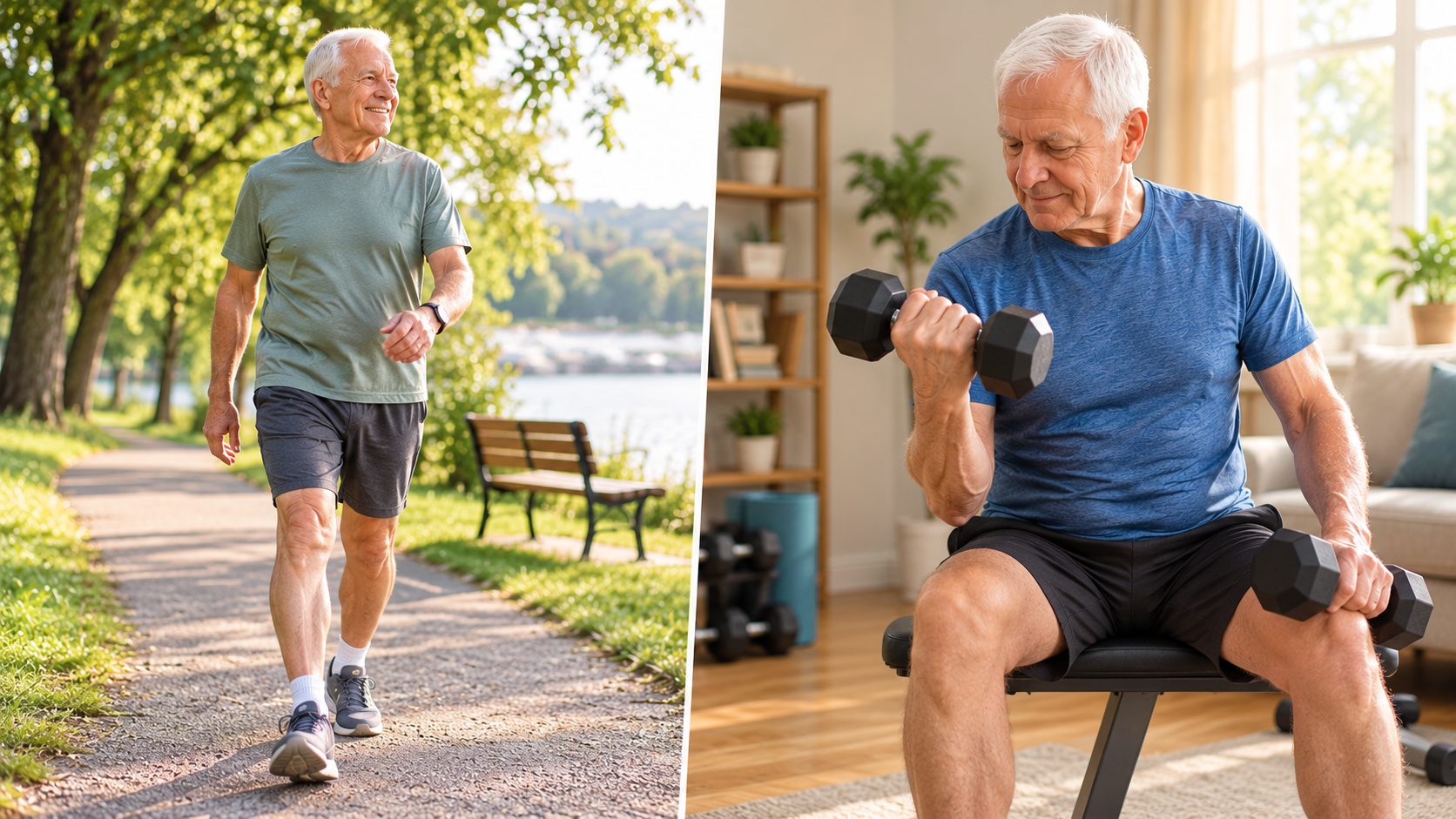 An elderly man standing at a fork in a park path, choosing between a walking trail and an outdoor fitness station