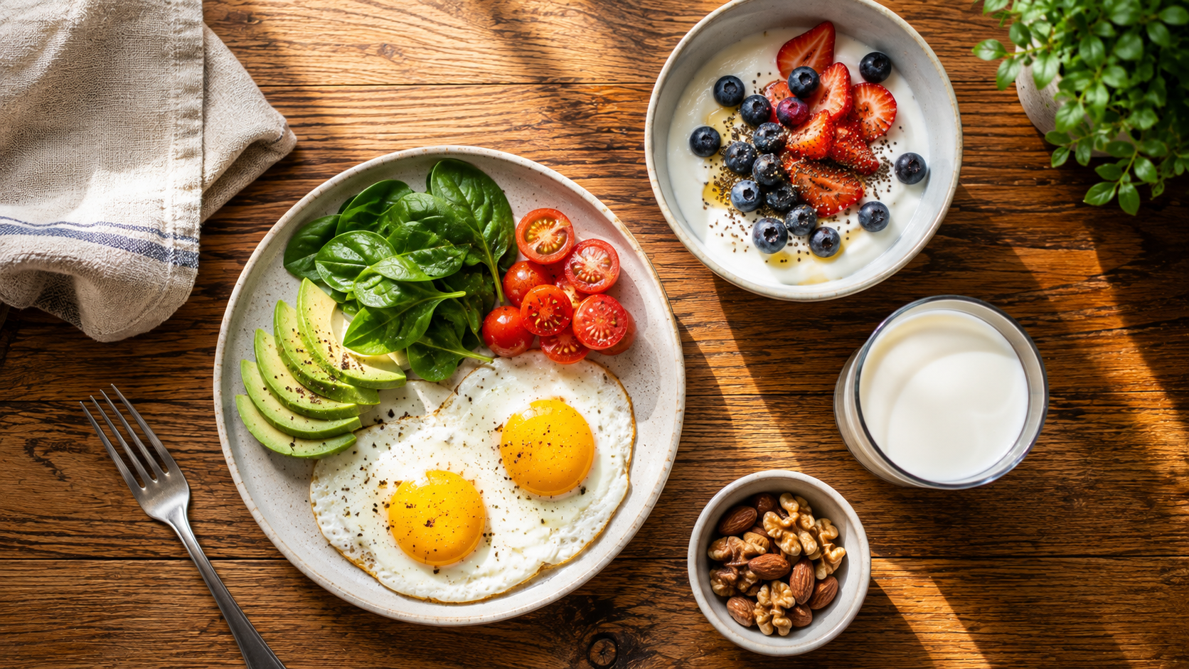 A protein-rich breakfast spread with eggs, Greek yogurt, and berries