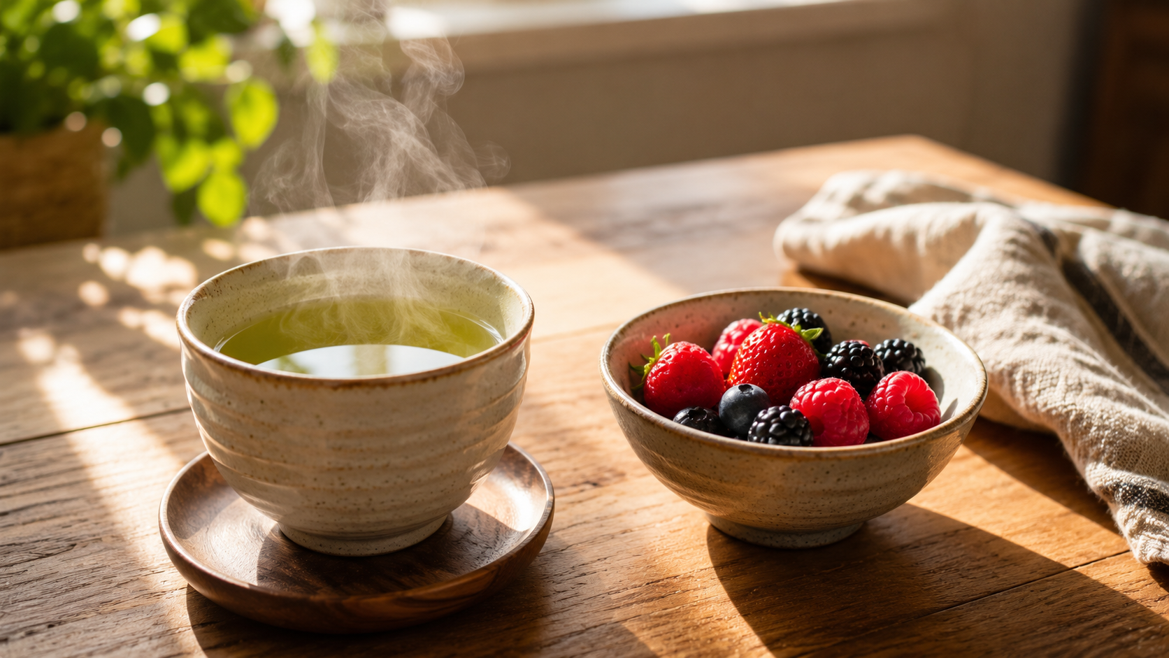 A cup of green tea and a bowl of fresh berries on a breakfast table
