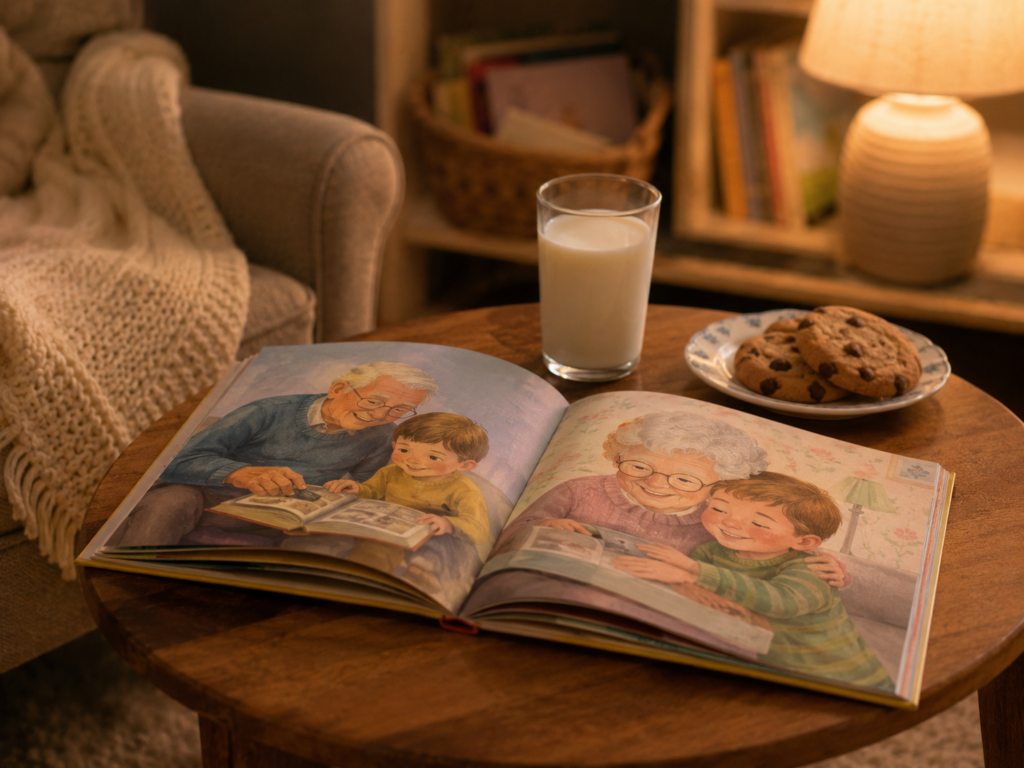 A children's book about grandparents open on a table beside milk and cookies