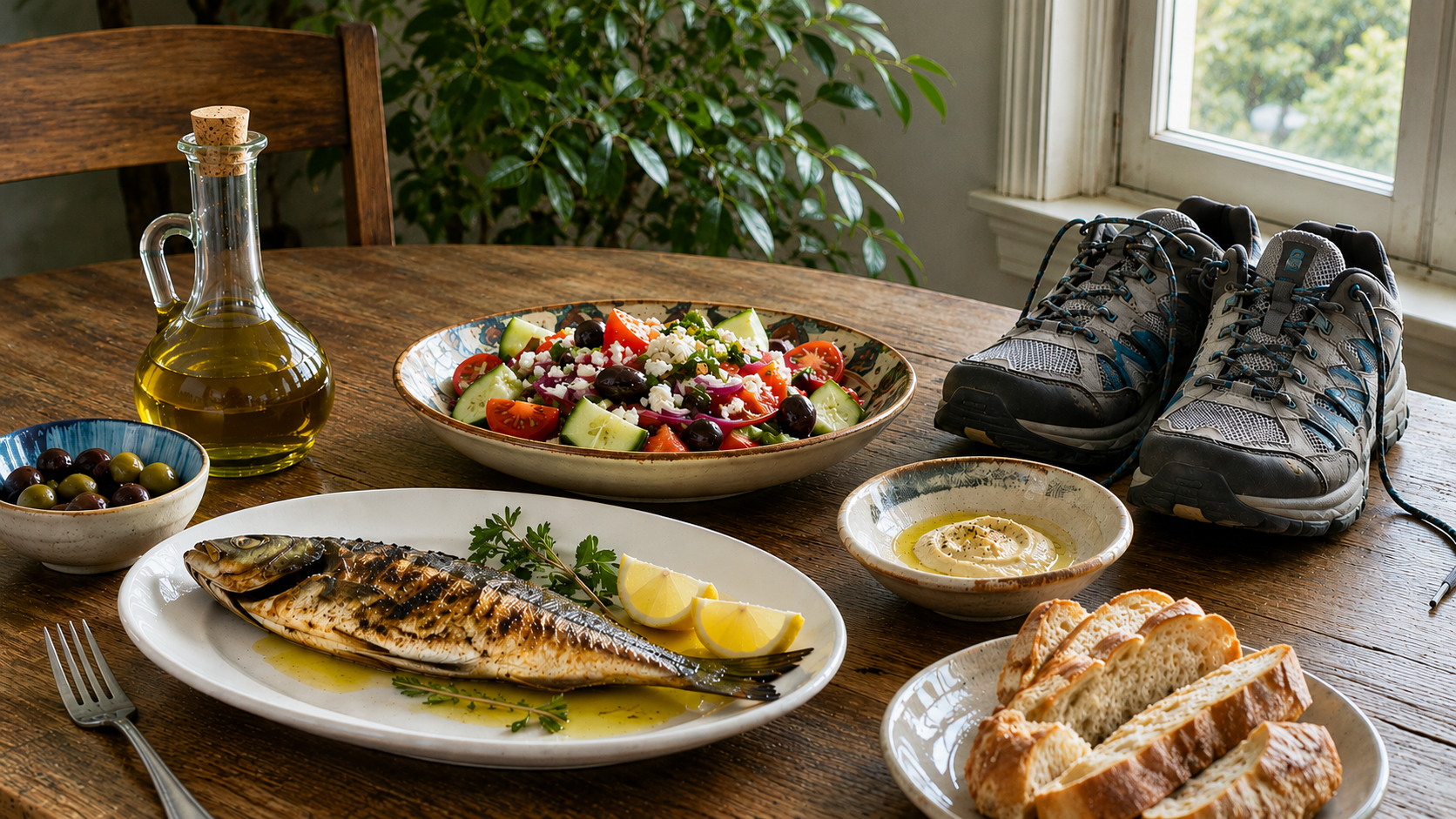A Mediterranean-style meal on a table beside a pair of walking shoes
