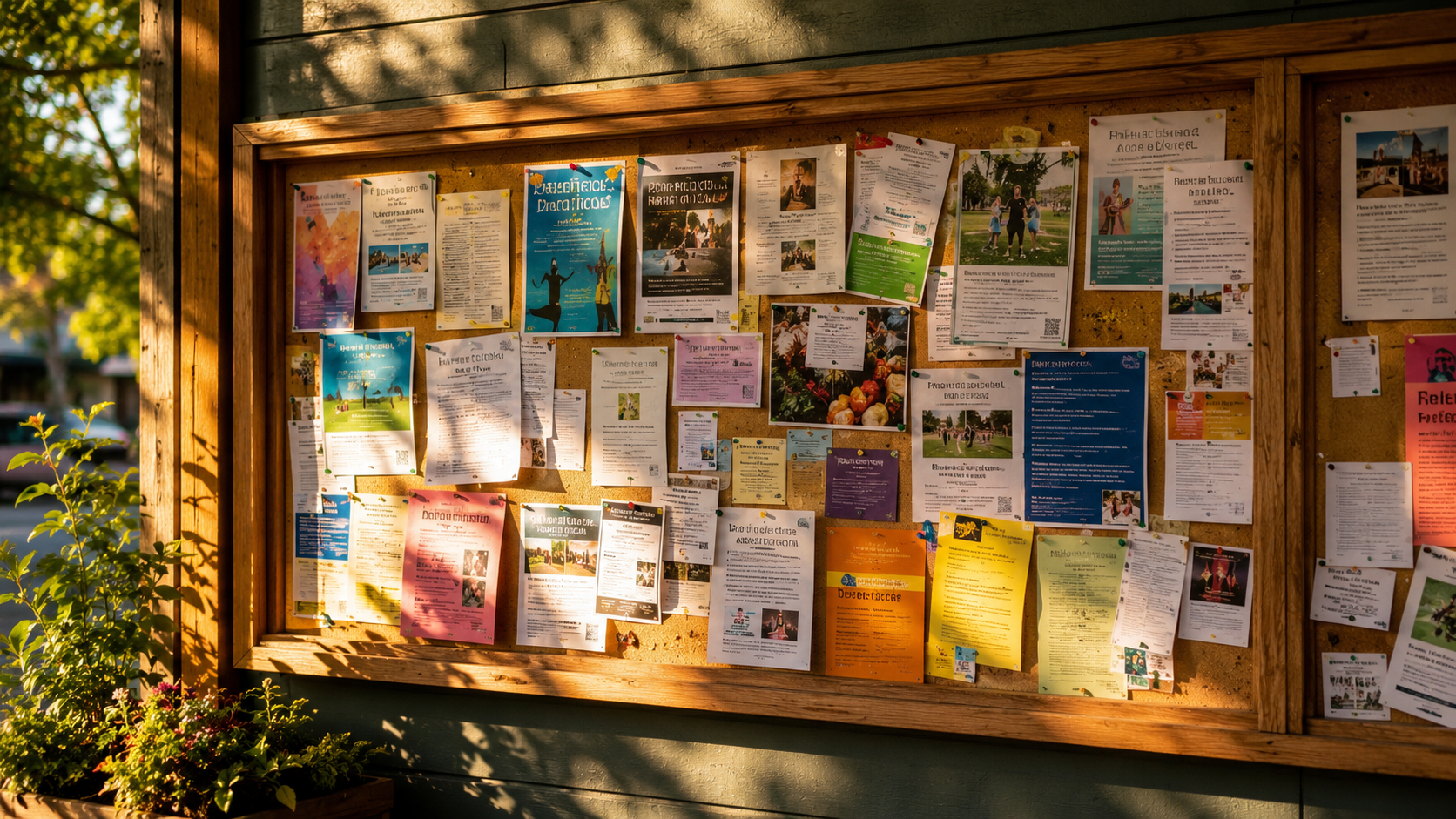 A community bulletin board with flyers for local clubs and activities
