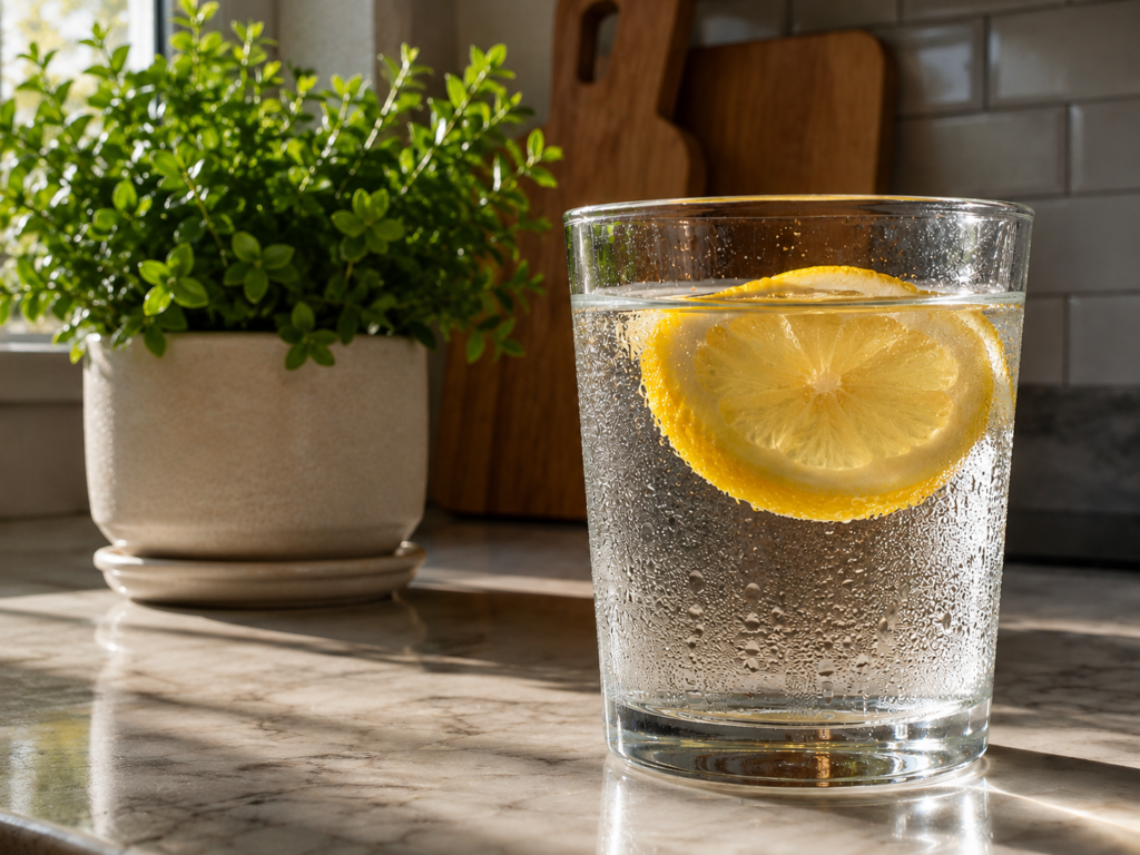 A glass of water with lemon on a sunlit kitchen counter