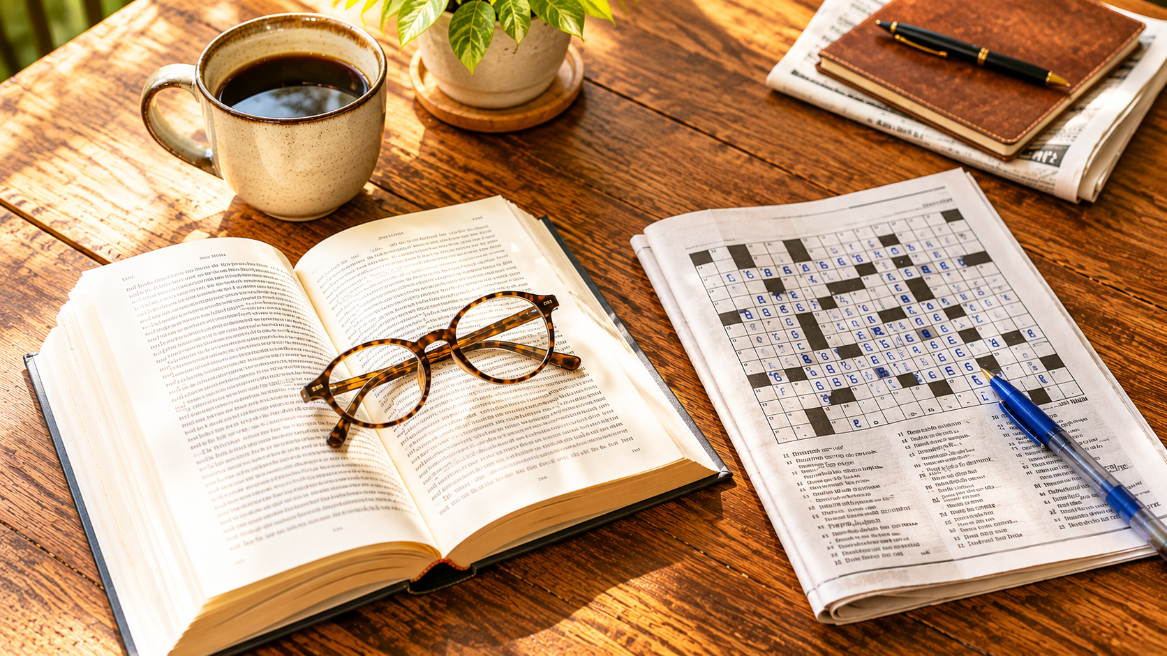 An open book beside a partially completed crossword puzzle on a table