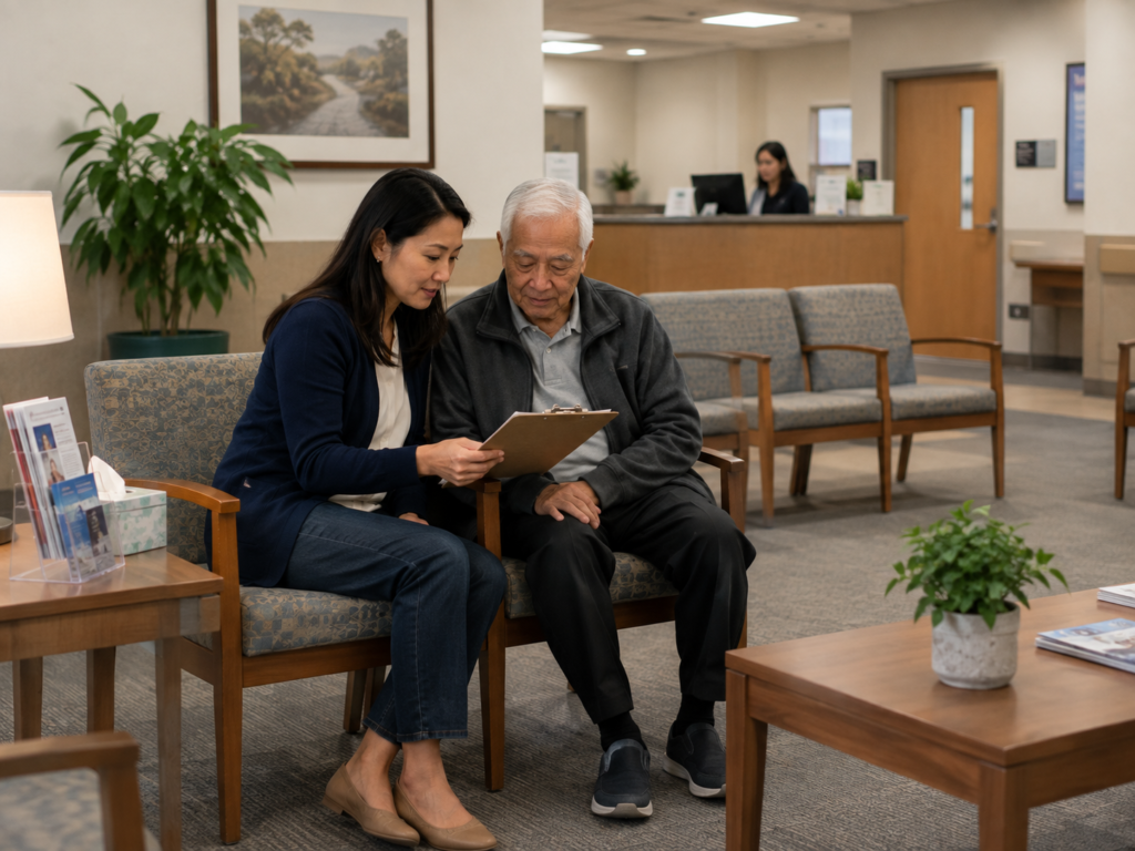 An adult daughter and her elderly father reviewing forms in a doctor's waiting room