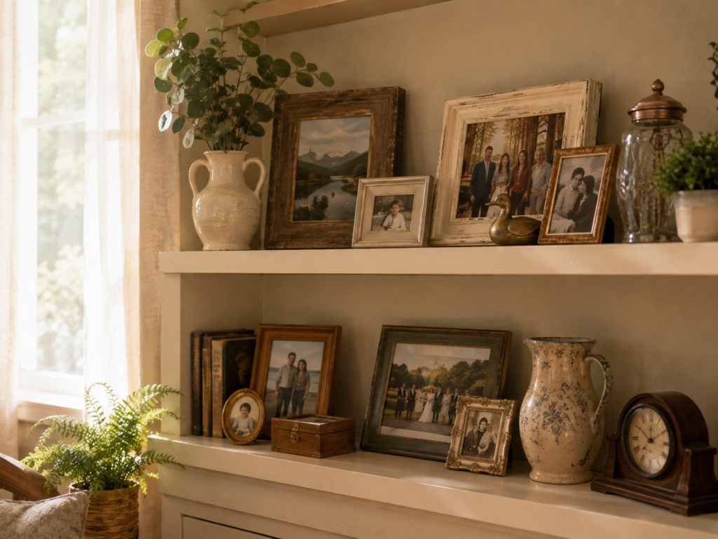 A shelf displaying framed family photographs and cherished keepsakes
