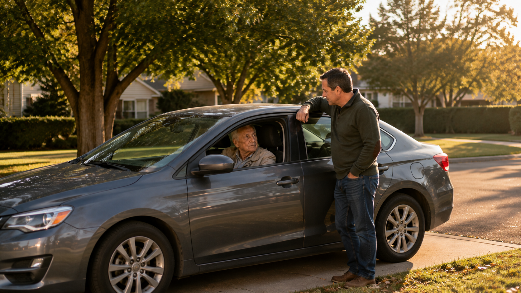 An elderly man sitting in his car having a thoughtful conversation with his adult son