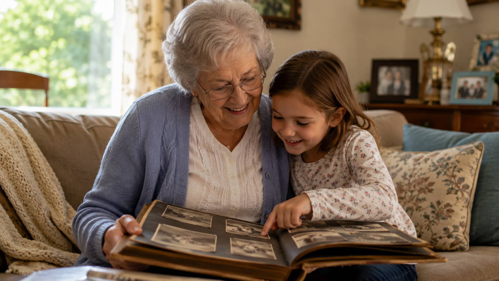 An elderly woman and her young grandchild looking at a photo album together
