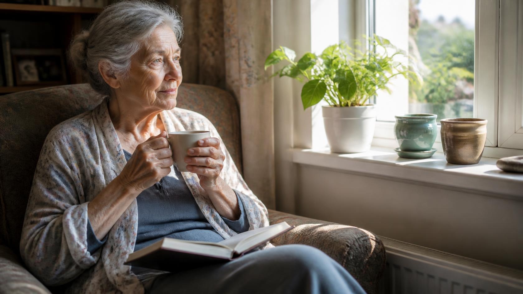 An elderly woman sitting peacefully by a window with tea and a journal