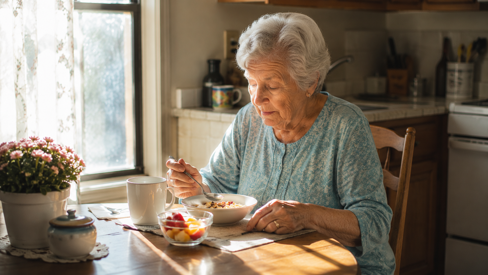 An elderly woman enjoying a quiet breakfast in morning sunlight