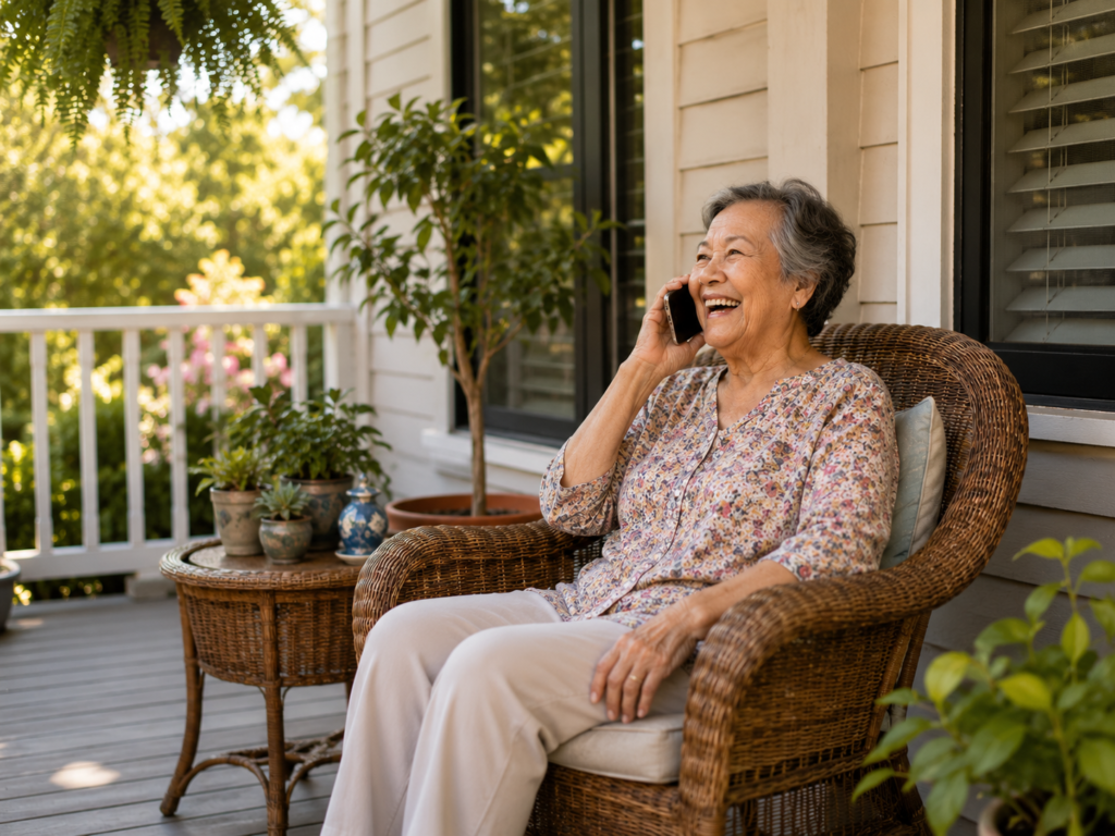 An elderly woman laughing during a phone call on her porch
