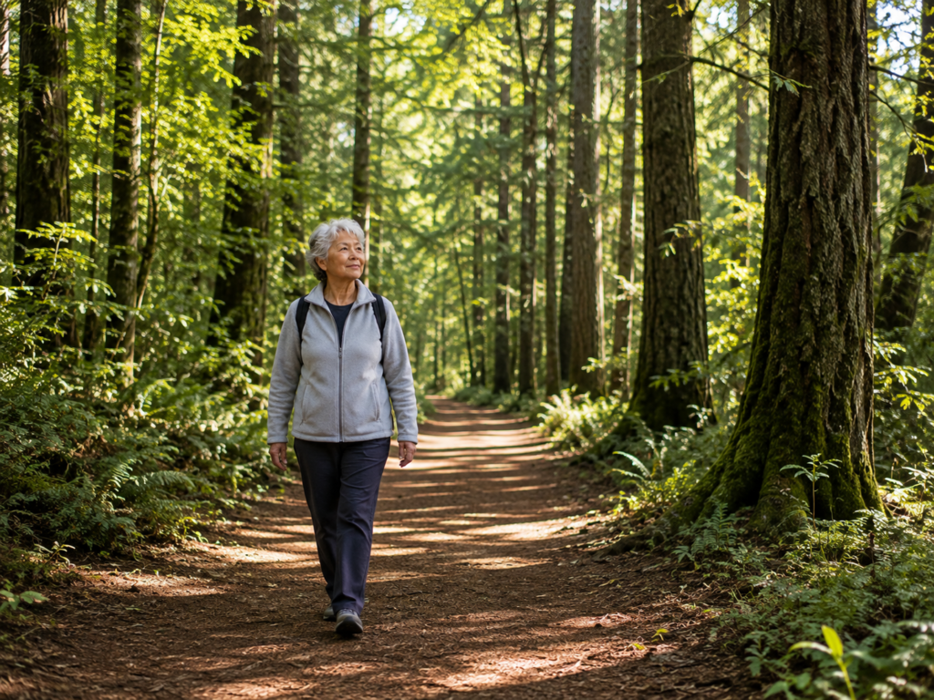 An elderly woman walking peacefully along a quiet forest trail