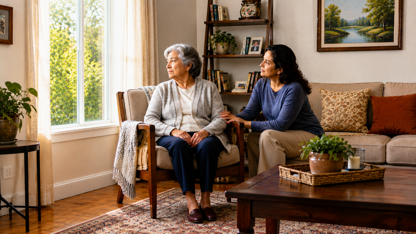 An elderly woman with a distant gaze sitting near her adult daughter