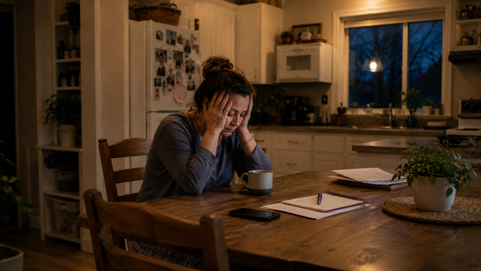 An exhausted caregiver sitting alone at her kitchen table