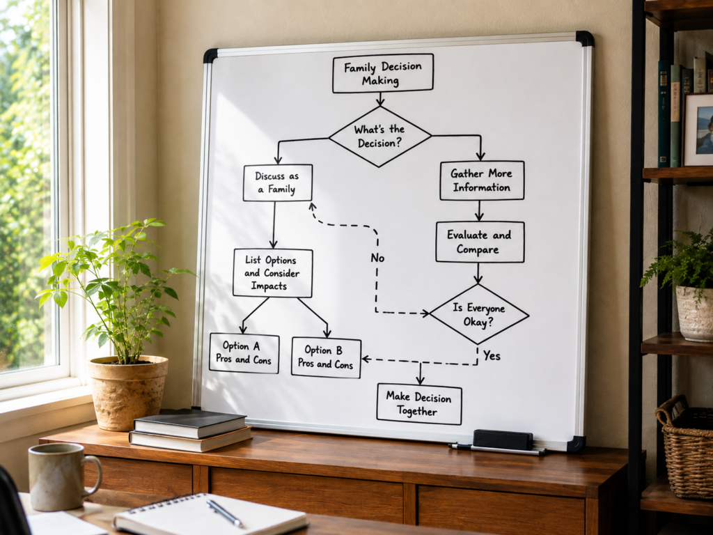 A whiteboard with a simple family decision-making flowchart sketched on it
