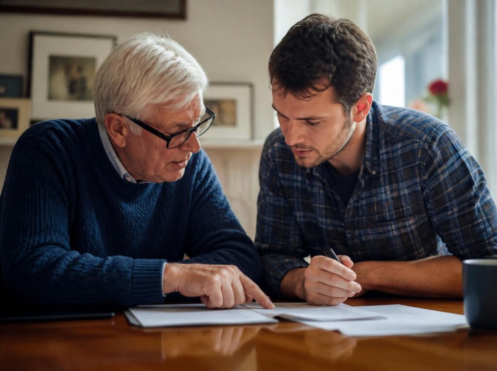 An elderly man mentoring a younger adult during a focused conversation