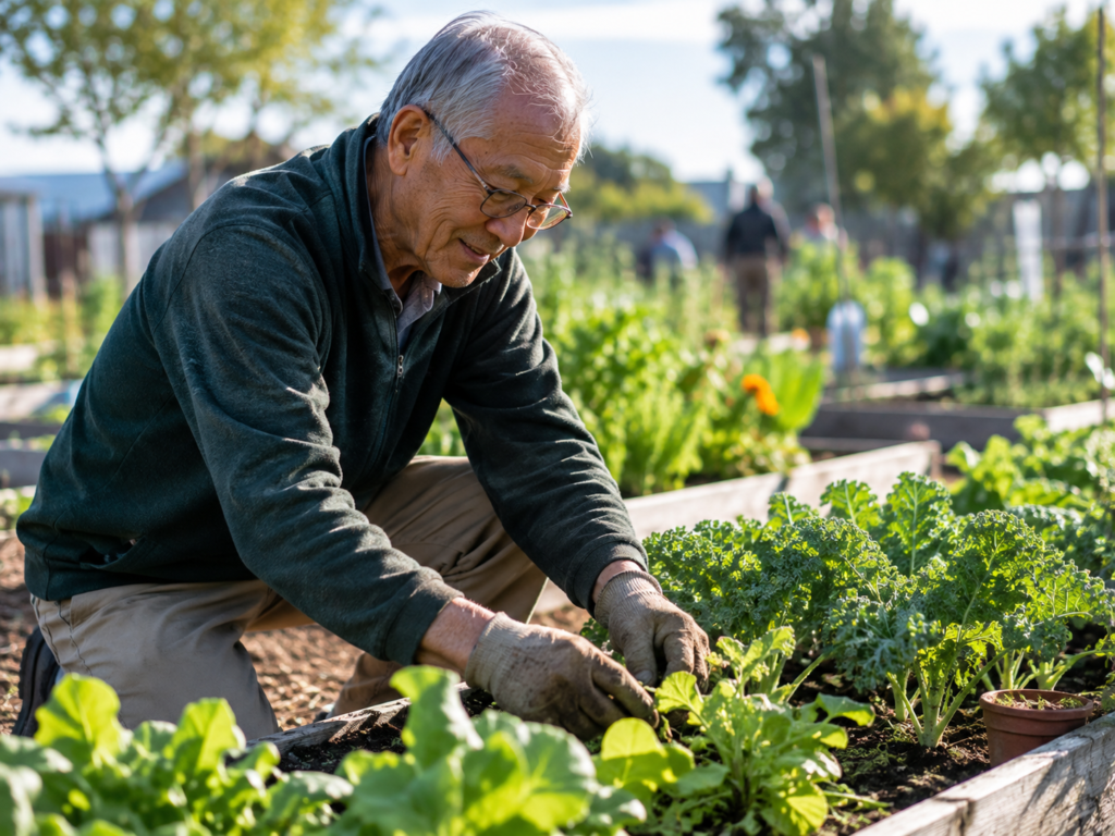 An elderly man tending to a community garden plot