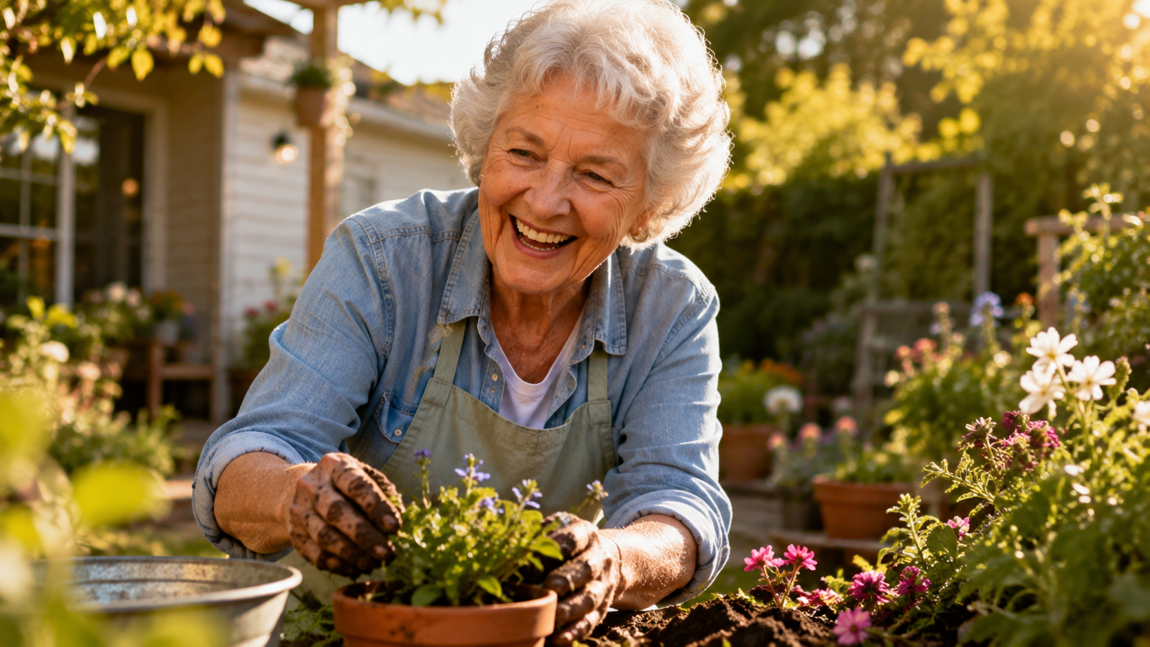 An elderly woman laughing genuinely while gardening outdoors