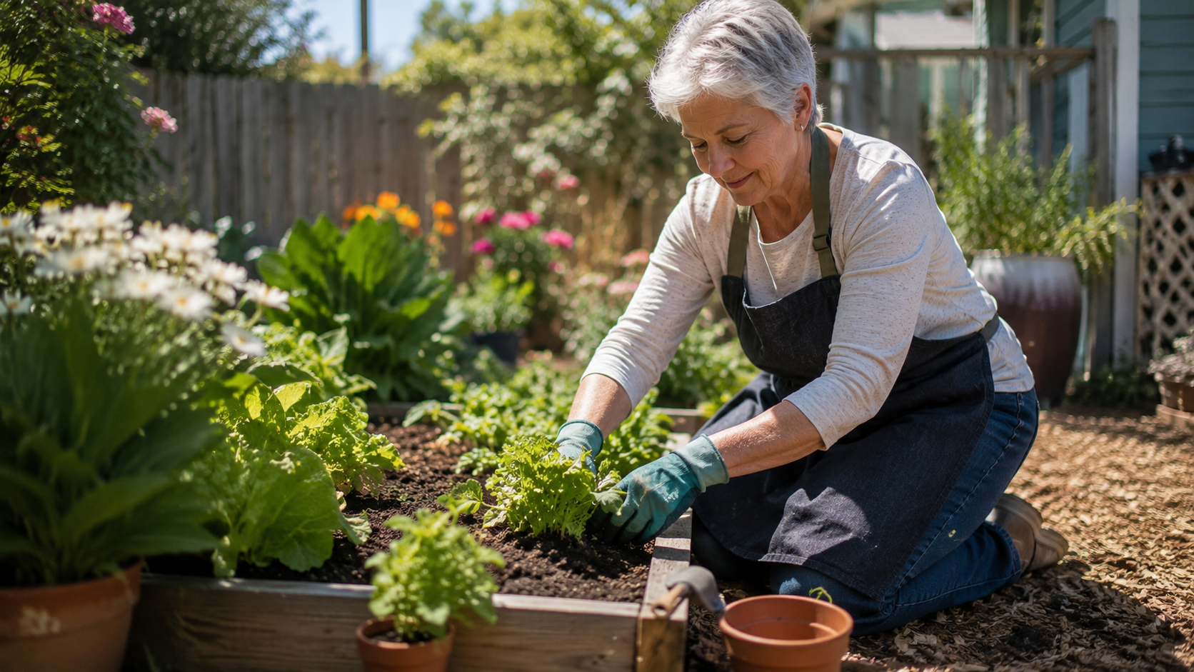 An elderly woman independently tending to a raised garden bed in her backyard