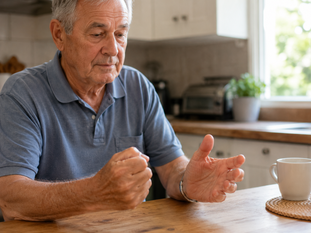 An elderly man's hands performing a gentle fist and release exercise.