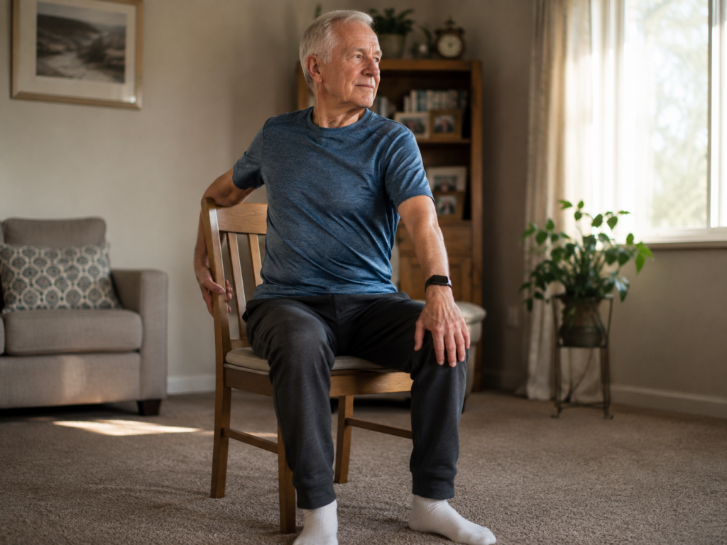 An elderly man performing a seated spinal twist stretch in a chair.
