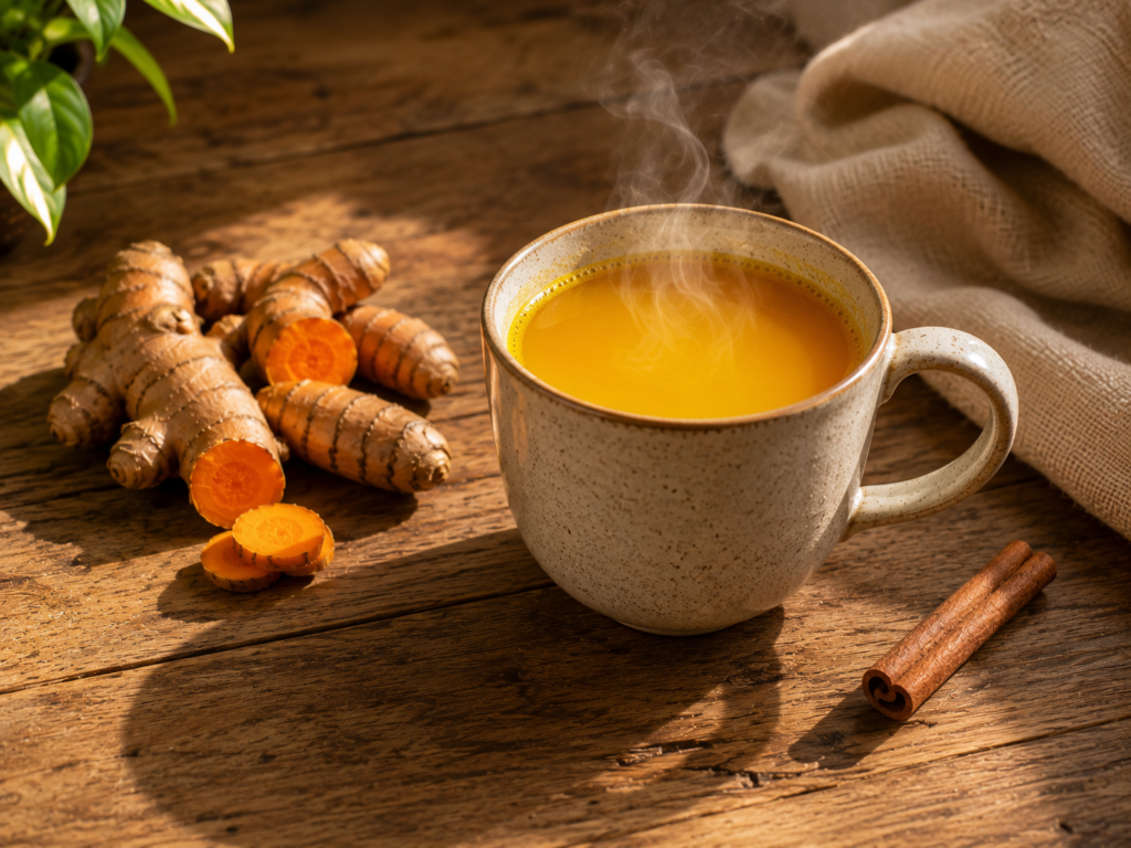 A steaming mug of golden turmeric tea with a cinnamon stick