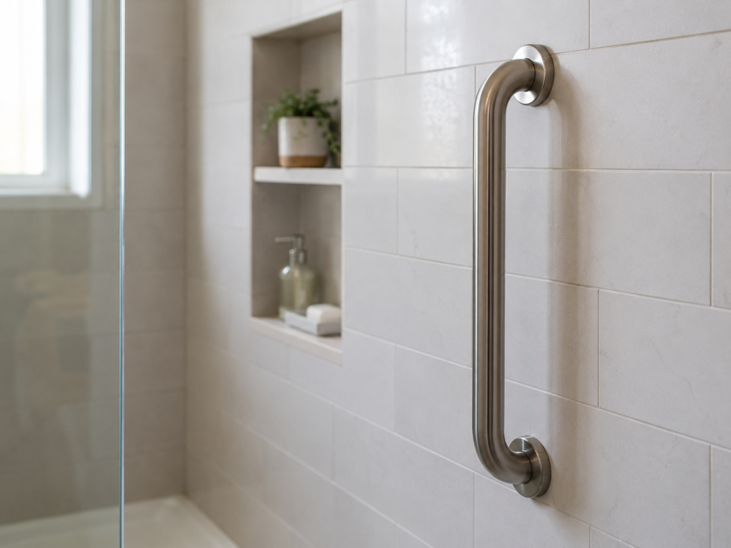 A grab bar installed beside a bathroom shower for added safety