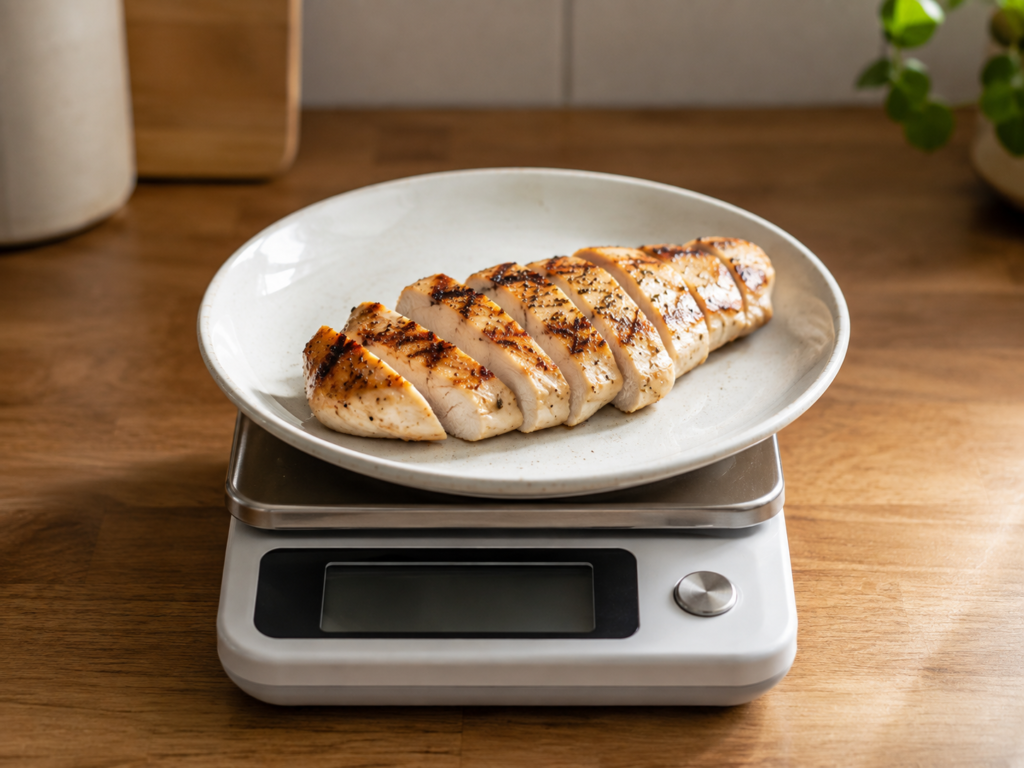 A kitchen scale weighing a portion of grilled chicken